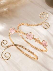 1 pièce Bracelet de bras supérieur ajustable ouvert en or, anneau de bras en spirale florale avec fleur rose et incrustation de cristal - Taille Unique - Voir 5