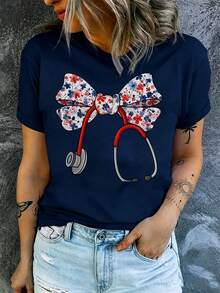 Women's Round Neck T-Shirt, Floral Bow With Stethoscope, Casual And Fashionable Style, Suitable For Outdoor Sports And Holiday Gifts - 藏蓝色 - 查看 1