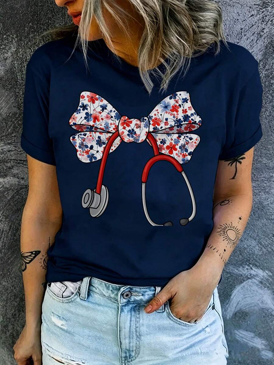 Women's Round Neck T-Shirt, Floral Bow With Stethoscope, Casual And Fashionable Style, Suitable For Outdoor Sports And Holiday Gifts - 藏蓝色 - 查看 1
