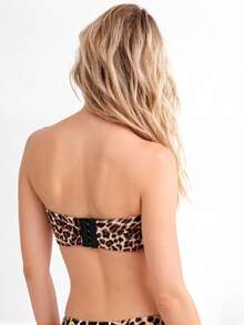 Women's Brown Leopard Print Strapless Bandeau Bra, Seamless Invisible Push-Up Bra, No Wire, Backless, Anti-Slip, Thin Cup With Thick Padding, Small Chest Invisible Back Bra, Strapless Underwear - Brown - View 3