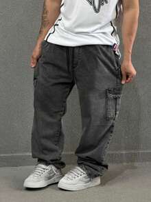 Plus Size Cargo Jeans, Black, Stonewashed, Spring/Summer, Autumn/Winter, Loose Fit, Drawstring - Grey - View 7