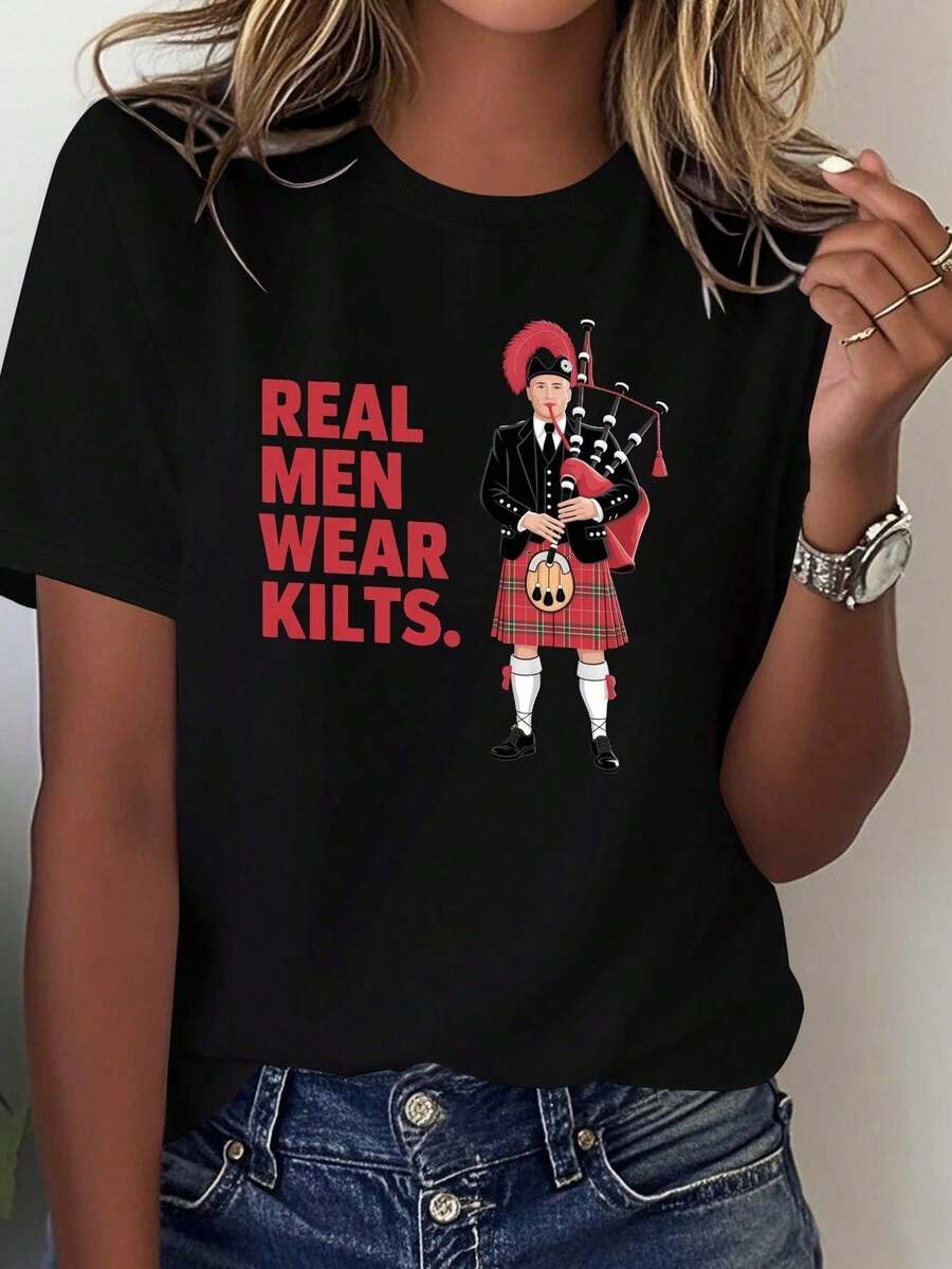Women's Casual Scottish Tartan T-Shirt - Purely Casual Cut, Printed With The Slogan "Real Men Wear Tartan", Scottish Cultural Clothing, Suitable For Themed Events And - 黑色 - 查看 1