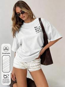 Plus Size Women's Daily Street Simple And Fun Lines Graphic Crew Neck Short Sleeves Casual Summer Women's White Tops - White - View 2