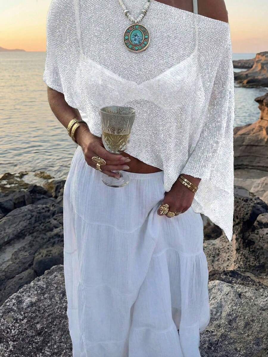 Women's Summer Side Top With Asymmetrical Hem, Lightweight And Breathable Shiny Fabric, Loose Fit Suitable For Various Figures, Casual Beach Top, Bohemian Style Summer Outfit CJ77 - 白色 - 查看 1