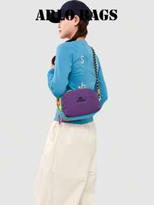 Energetic Colorblock Shoulder Bag, Multi-Color Contrast Design With Colorful Rope Buckle, Wide Woven Strap To Reduce Burden, Suitable For City Strolling, Store Visiting, Sports Outings, Bright Contrast Colors Create Eye-Catching Look, Soft Body Lightweight And Burden-Free, Following Outdoor Vibrant Outfit - Purple - View 4