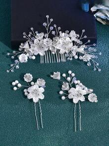 Juego de 3 piezas de peineta y horquilla para el cabello de novia, tocado para mujer con decoraciones de flores y strass, accesorios para el cabello de boda para fiestas - Plateado - Ver 3