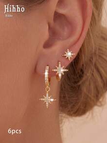 Hihho Set Anting Jepit Telinga Zirkonia Bintang 8 Titik Kreatif dan Personalisasi 6 Buah, Gaya Mewah yang Segar dan Manis, Dasar Emas dan Perak, Bentuk Bintang 8 Titik + Inlay Zirkonia Bulat + Kombinasi Anting Lingkaran Berlian Imitasi Penuh, Desain Bunga yang Hidup dan Segar, Zirkonia Transparan dan Berkilau, Memadukan Pesona Feminin dan Kemewahan yang Istimewa, Cocok untuk Ditumpuk di Seluruh Telinga, Perjalanan Sehari-hari, Kencan, Hadiah untuk Sahabat, Pakaian Musim Semi, dan Lainnya - bintang berujung delapan - View 8