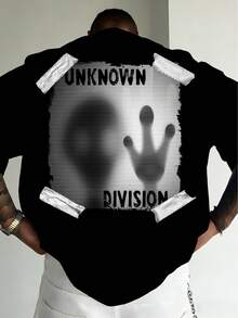 男士黑色大尺碼寬鬆短袖T恤，破舊膠帶外星手 UNKNOWN DIVISION 文字背印美式風格上衣 - 黑色 - 查看 1