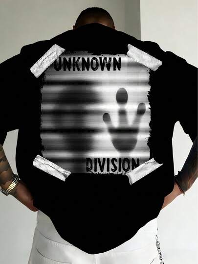 Black Plus Size Loose Fit Short Sleeve T-Shirt For Men, Distressed Tape Alien Hand UNKNOWN DIVISION Letter Back Print American Style Top