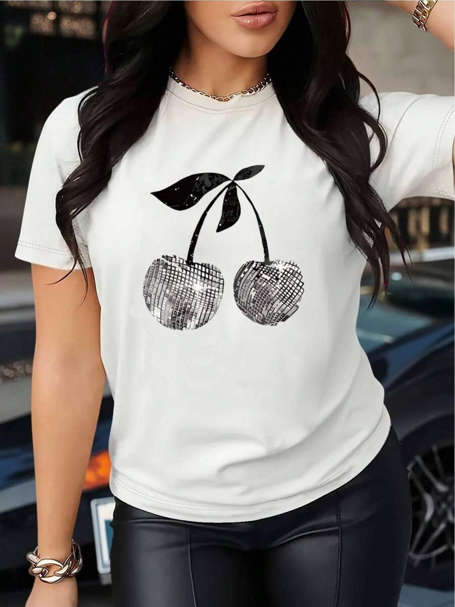 YOCASA Women's Summer T-Shirt With Round Neck And Short Sleeves, Oil Painting Print With Floral Heart And Letter Design, Casual, Simple And Sporty Style For Everyday Wear - YH135-白色 - 查看 1