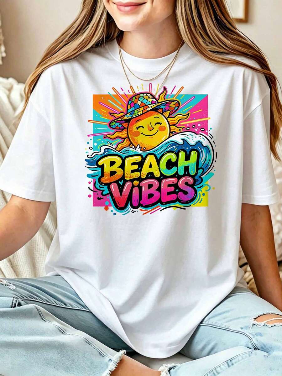 Beach Vibes Colorful Sun Surf Graphic Tee, Bright Graffiti Summer Vacation Beach Shirt - 白色 - 查看 1