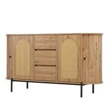 Oval Sideboard With Rattan, Sliding Doors, Drawers, Adjustable Shelves, Wood Effect, Metal Legs, - Natural - 查看 2