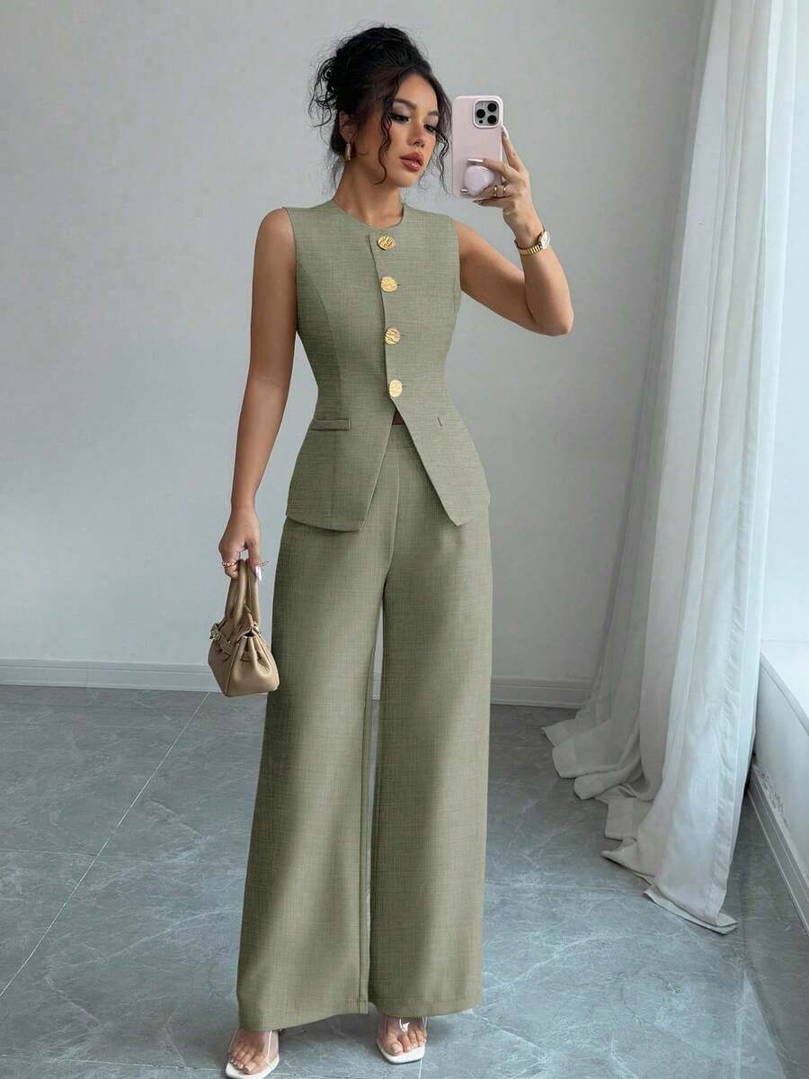 Women's Smart Casual/Office Suit With Floral Print Button Embellishment - 綠色 - 查看 1