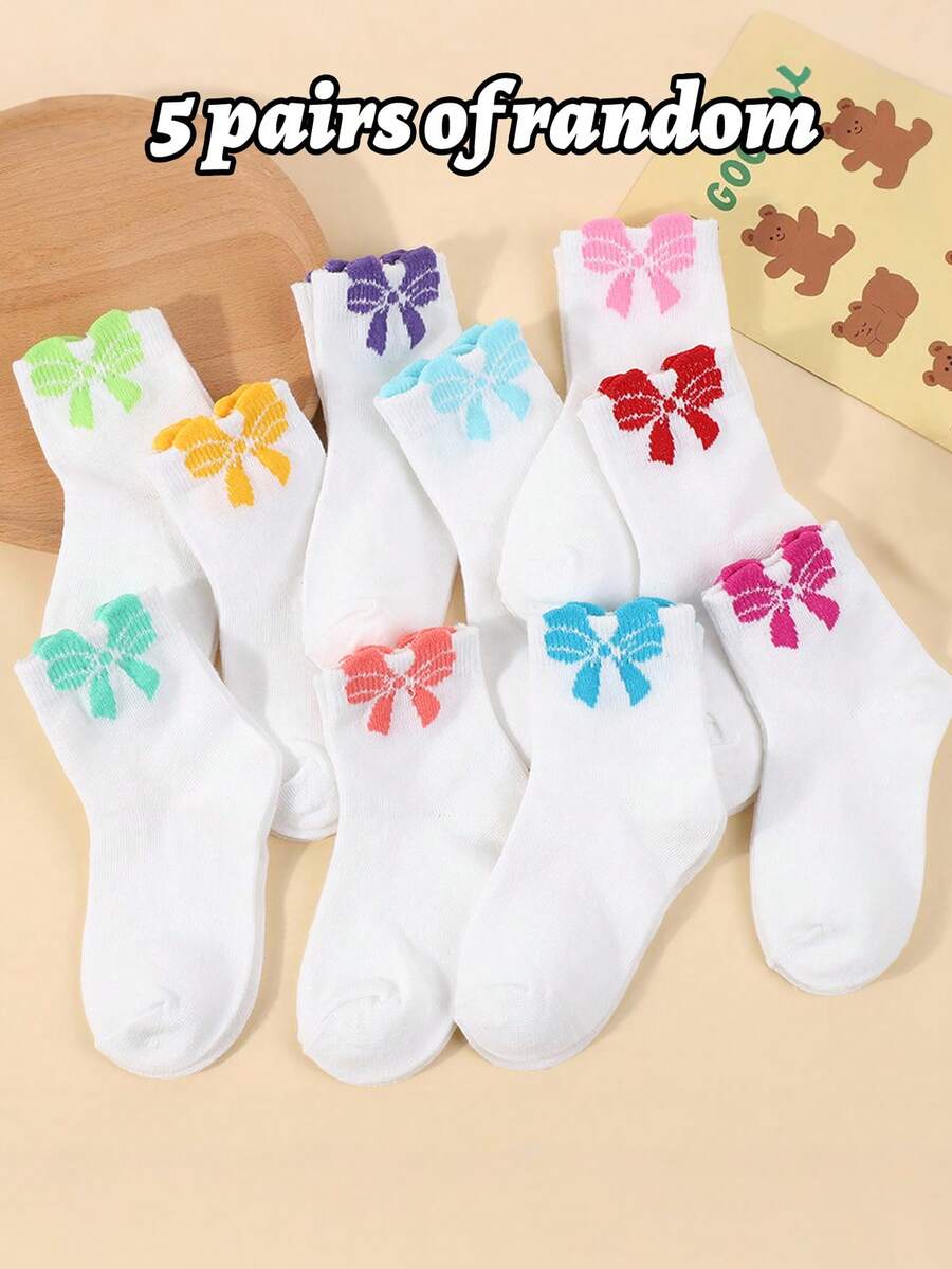 5 Pairs Random Cute Cartoon Colorful Bow Breathable Girls Socks, Regular Thickness, Suitable For Spring, Summer And Autumn, Versatile Fashion Campus Socks - Multicolor - View 1