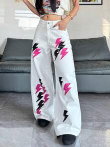 1件女款時尚刺繡寬腿牛仔褲，寬鬆舒適街頭休閒長褲 白色 - 白色 - 查看 1