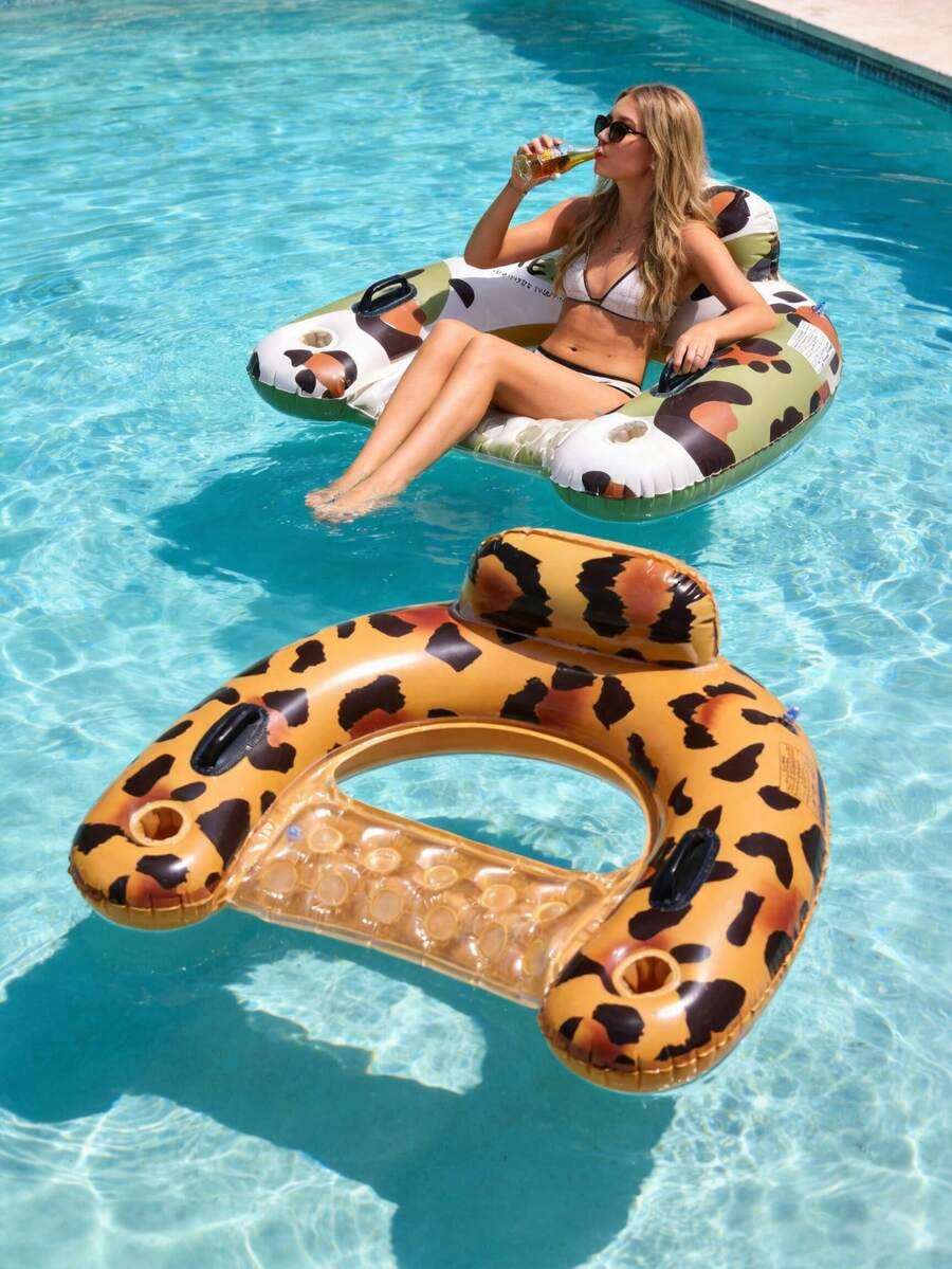 Inflatable Swimming Pool Floating Chair With Cup Holder, Water Hammock Lounge Chair, Leopard Print, Ideal For Summer Relaxation - A - View 1