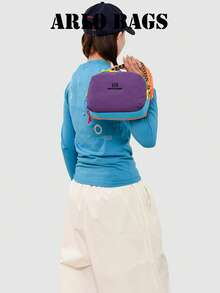Energetic Colorblock Shoulder Bag, Multi-Color Contrast Design With Colorful Rope Buckle, Wide Woven Strap To Reduce Burden, Suitable For City Strolling, Store Visiting, Sports Outings, Bright Contrast Colors Create Eye-Catching Look, Soft Body Lightweight And Burden-Free, Following Outdoor Vibrant Outfit - Purple - View 3