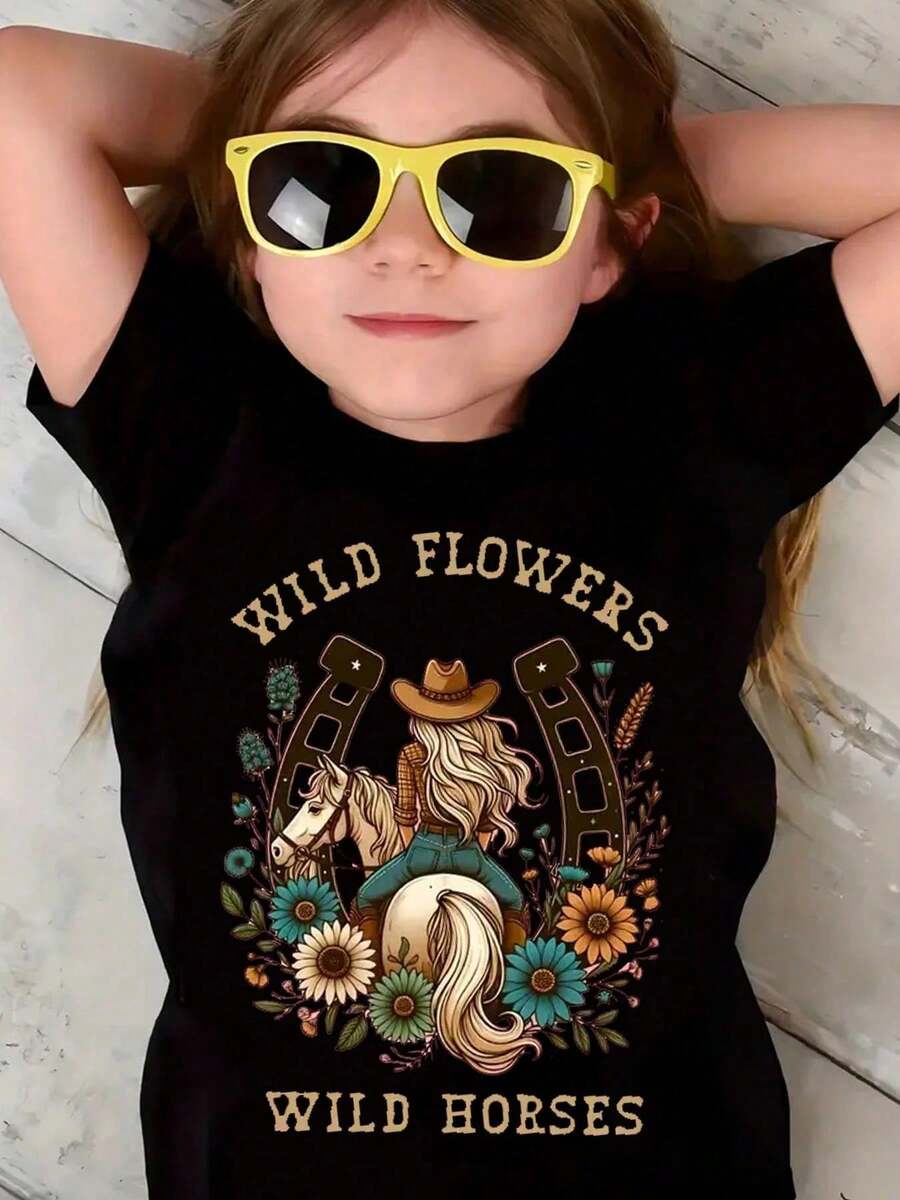 Summer 2026 Girls' Clothing, Fashionable Children's T-Shirt With Graphic Wildflower Print, Summer T-Shirt With Floral Wild Horse Personality In Black, White And Pink, Tops - 黑色 - 查看 1