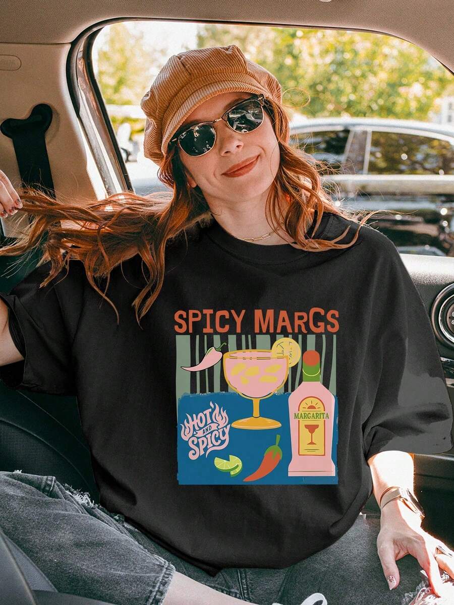 Margaritas Graphic Print Drop Shoulder-Shirt - Casual Short Sleeve Crew Neck Tee With Vibrant Cocktail Design, Summer And Parties, Allseason Top | Playful Lettering Tee | Polyester Fabri - Negro - Ver 1