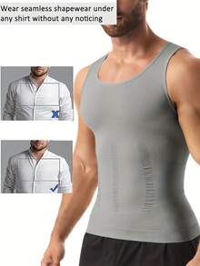 Conjunto 2 Camisetas Moldeadoras Hombre, Ropa Interior Compresión Adelgazante Soporte Espalda Control Abdominal, Tela Nylon Transpirable, Colores Gris y Azul - Gris - Ver 7