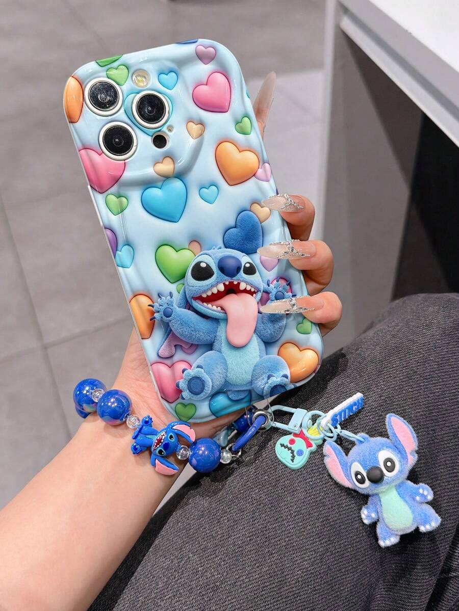 Disney Has Authorized, Phone Case - Chain Set, The Stitch Lilo & Stitch 3D Phone Case Plus A Silicone 3D Stitch Bracelet With Metallic Ring Removable Bracelet, Stitch And Angel Pattern, Compatible With Iphone17/16/15/14/13/12/14/XS/XR/X Plus Pro Max, A Stylish Cartoon Phone Case, The Perfect Gift Choice, Phone Protection, Durable Phone Cover, Great Gift For Friends And Family. - 白色 - 查看 1
