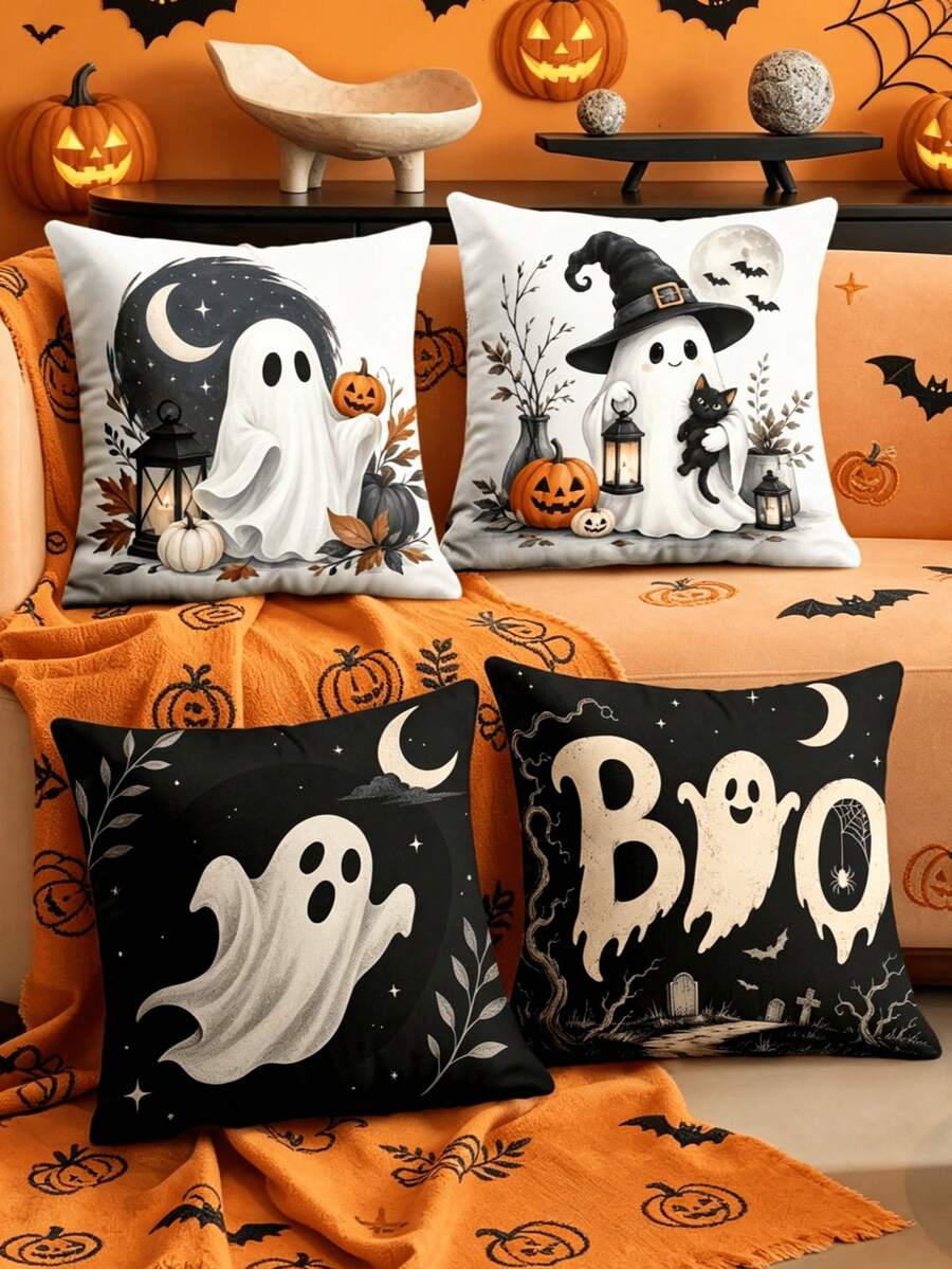 1/4pcs New Halloween Pattern Pillowcase, Halloween-Themed Cushion Cover, Decorative Pillowcase, Square Pillowcase, Halloween Decoration, Decorative Pillow, Suitable For Living Room, Sofa, And Bedroom Party Decoration, Pillow Insert Not Included - Multicolor - View 1