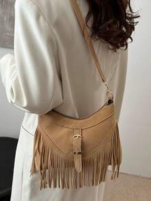 New Solid Color Fashion Personalized Tassel Women's Bag, Large Capacity Shoulder Crossbody Bucket Bag - Khaki - View 2