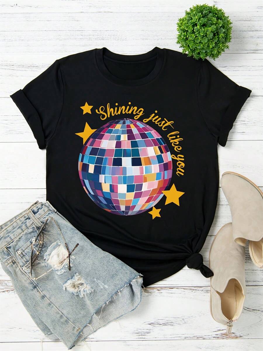 Men's & Women's Shining Just Like You Disco Ball And Stars Print Unisex 100% Cotton T-Shirt, 220g Fan Gift Tee Triko, Herren Sommer Outfits - nero - Visualizzare 1