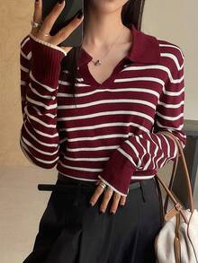 Striped Collared Sweater, Long-Sleeved Tops For Autumn - Bordeaux 2 - View 1