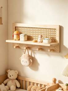 1pc Wall-Mounted Storage Shelf, Rectangular Wooden Shelf With Woven Floral Decoration, Suitable For Children's Room Newborn Essentials Room Essentials - Multicolor - View 4