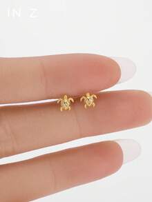 IN Z 1pc 925 Sterling Silver Zirconia Inlaid Turtle Flat Stud Earring | Small Stud Earring | Stackable Earring | Cartilage Stud Earring | Ear Cartilage Stud Earring | Layered Earlobe Stud Earring | 925 Sterling Silver Jewelry | Suitable For Women's Daily Wear | Sold Individually (Not A Pair) - Sea Turtles - View 2