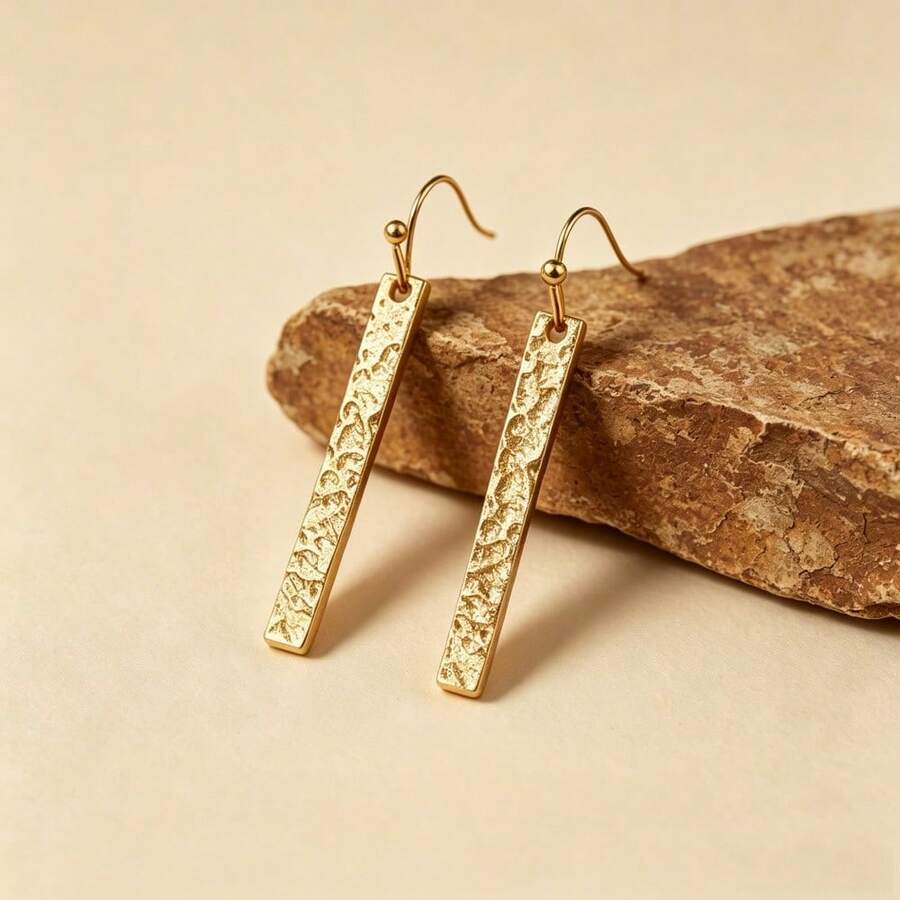 Hammered Gold Long Bar Pendant Earrings - Nickel-Free High-Polished Material Minimalist Vintage Texture. Suitable For Couples. Valentine's Day. Christmas Gift. All Seasons