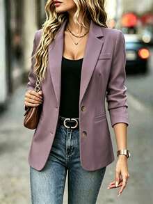 Fashionable Women's Purple Lapel Collar Long Sleeve Woven Blazer With Pockets, Autumn Essential - Rusty Rose - View 7
