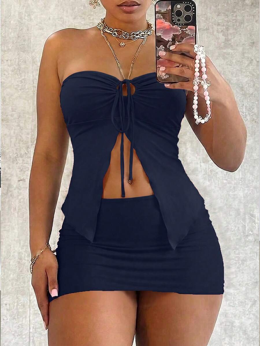 女士性感纯色无肩带镂空不对称上衣和紧身半裙套装,圣诞节服装,外出装扮,夜店性感装扮,紧身半裙,露肩设计,夏季优雅音乐会舞蹈表演服装 - 藏蓝色 - 查看 1