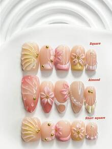 10片裝軟妹風手工穿戴甲，Polygel美甲套組，手工3D五瓣花、白色珍珠、粉色與黃色指甲油，夏季風格，附美甲工具，3種尺寸可選：方形、短方形、杏仁形，適合派對、跳舞、日常配戴 - 彩色 - 查看 1