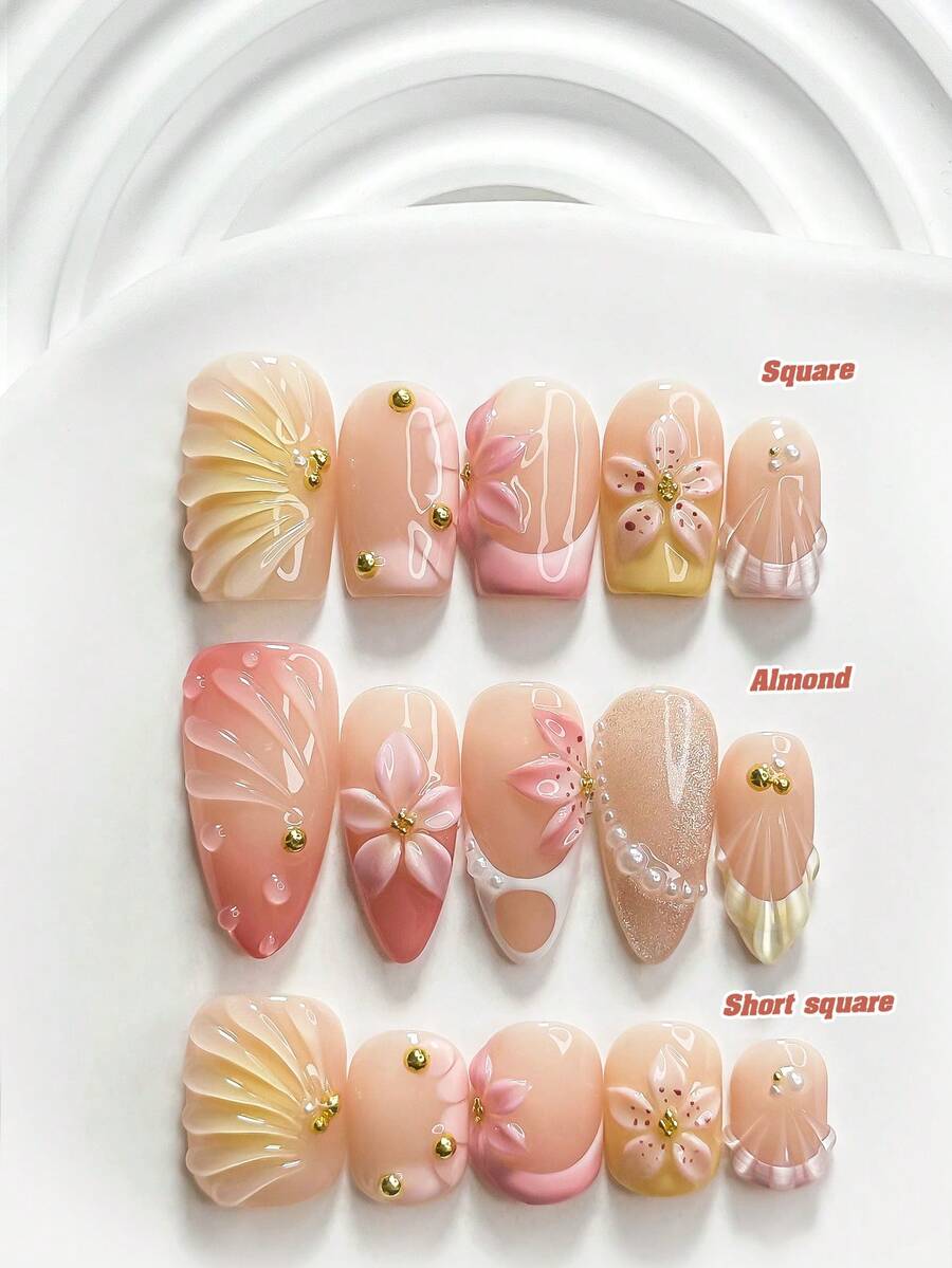 10片裝軟妹風手工穿戴甲,Polygel美甲套組,手工3D五瓣花、白色珍珠、粉色與黃色指甲油,夏季風格,附美甲工具,3種尺寸可選:方形、短方形、杏仁形,適合派對、跳舞、日常配戴 - 彩色 - 查看 1