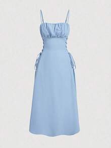 Solid Color Strappy Dress With Ruched Bodice And Side Drawstring - Blue - View 2