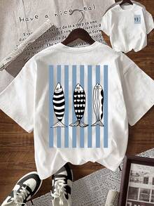 Camiseta de mujer de manga corta con cuello redondo, estampado de rayas y peces, informal, para verano - Blanco - Ver 1