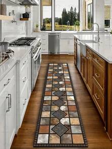 1pc Vintage Tile Pattern Diatomaceous Earth Kitchen Mat, Dark Edged Warm Brown Gray Stone Texture Absorbent Anti-Slip Stain-Resistant Foot Mat, Kitchen Bathroom Entryway Living Room Universal Home Decor Soft Rug - Multicolor - View 1