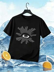 Schwarzes Herren-T-Shirt Aus Baumwolle Mit Augenmotiv, Herbst, L?Ssig, Atmungsaktiv, Grafikdesign - 黑色 - 查看 2