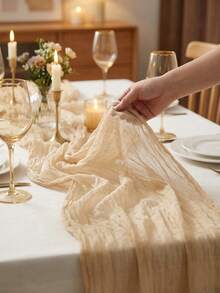 1pc/6pcs 35*71/118/157 Inches Beige Cheese Cloth Table Runner And Napkins, Rustic Transparent Table Runner With Wave Edges. Suitable For Wedding Decoration Arch, Garden Arch, Bridal Shower, Wedding, Festival, Valentine's Day, Holiday, Birthday Party - Beige - View 3