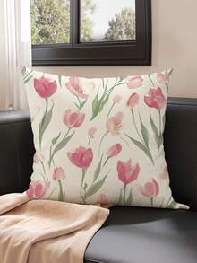 shangxia 1PC--Fresh Watercolor Pink Tulip Print Pillowcase, Gentle Floral Cushion, Living Room Sofa Bedroom Atmosphere Decorative Pillow --(Pillow Insert Not Included)---(Multiple Sizes)---(No Embroidery)---(Single-Sided Print) - Multicolor - View 10