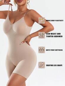 1pc body yoga sin costuras mujer, color sólido.Control abdomen y levanta glúteos, tirantes ajustables.Tejido cómodo, transpirable, elástico.Ideal fitness, deportes y yoga. - Albaricoque - Ver 5