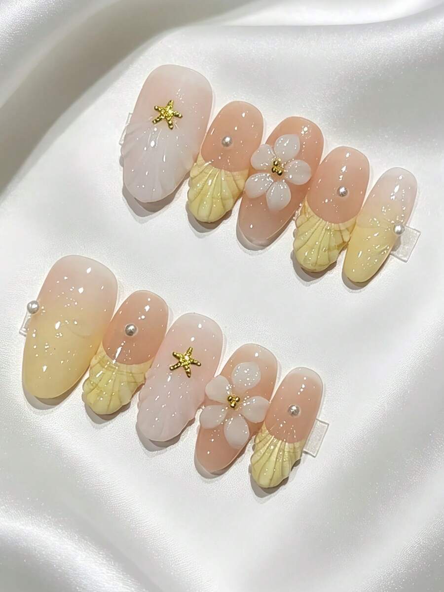 10pcs Handmade Press-On Fake Nails, Nail Artist Crafted With Yellow French Beach Shell & Starfish 3D Carved Pearl Design, Brightening Summer Floral Nail Art, Perfect For Girls And Women's Daily Wear, Parties And Festivals - Yellow - View 1