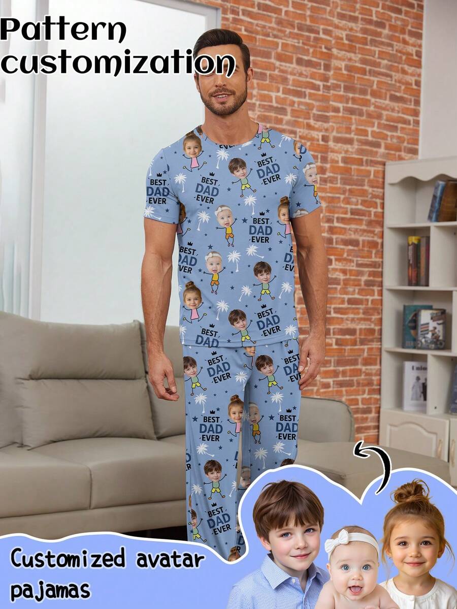 Printstory Custom Men's Short-Sleeve Pajama Set, Can Print Any Design, Personalized Gift, Perfect For Family, Friends, And Holiday Gatherings - Blue - View 1