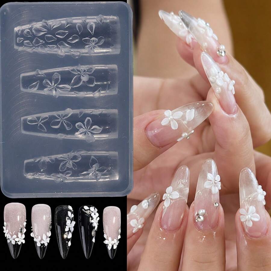 3D花卉矽膠美甲模具,可重複使用美甲雕塑模具,用於創作精美花卉美甲設計 - 無色 - 查看 1