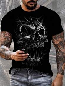 Men'S Edgy 3D Skull Print-Shirt |   Black Crew Neck Top, Washable, Stretchy Fabric, Plus Size, Casual Wear, Versatile Daily Activities - Black - View 1
