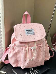 1 pieza Mochila con solapa y cordón con patrón de estrellas, mochila de gran capacidad para uso diario, mochila ligera para el campus, accesorio de moda, adecuada para niñas/adolescentes/estudiantes, aplicable para la escuela, el trabajo, el uso diario y los viajes - Multicolor - Ver 2