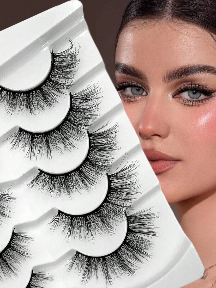 ENCHUW 5 Pairs False Eyelashes Strip Fake Eyelashes Eye Lashes Natural Cat Eye 3D Dramatic Curl Eyelash Extensions For Festival Stage Appearance - 黑色 - 查看 1