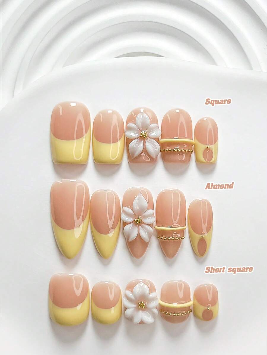 10件裝復古風手工穿戴式美甲貼片,Polygel美甲套組,鏈條五瓣花設計,黃色指甲油,甜美清新風,含美甲工具,3種尺寸可選,方型/短方型/杏仁型,適合派對、跳舞、日常配戴 - 彩色 - 查看 1